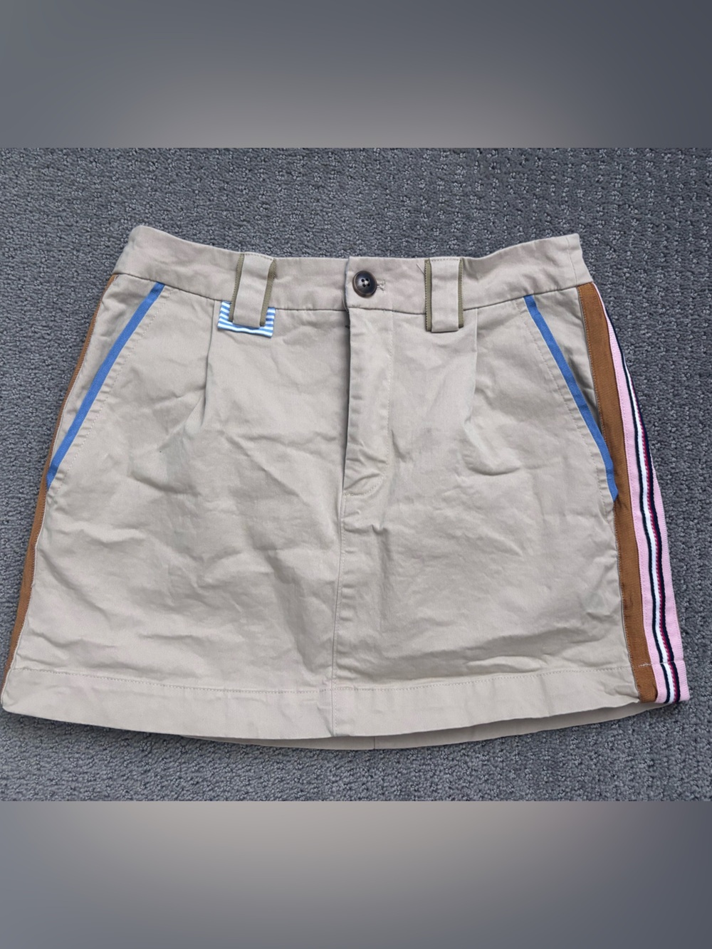 Maeve Khaki mini skirt with Blue and Brown Trim